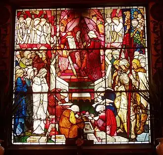 David's charge to Solomon shows the strongly linear design and use of flashed glass for which Burne-Jones' designs are famous. Trinity Church, Boston, US (1882)