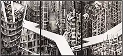 The Destruction of the City of Homs, 2016. Pen, ink and wash on paper, triptych, by Deanna Petherbridge CBE. Tate Gallery.