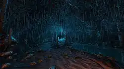 A dark blue cave from the game Dear Esther.