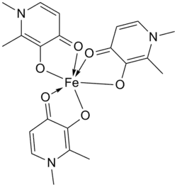 Deferiprone interaction with iron forming deferiprone-iron complex.