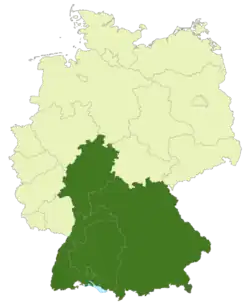 Map of Germany with the area of the Regionalliga Süd highlighted
