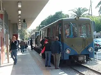 New (Stadler) and old (Decauville) rolling stock of the Diakofto-Kalavrita rack railway at Diakofto Engine Station. April 2009