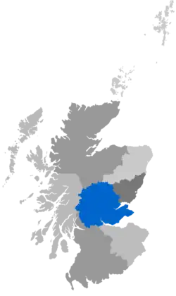 Map showing the Diocese of St Andrews as a coloured area covering Fife and Perthshire
