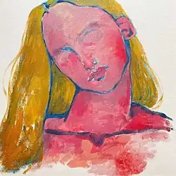 Painting of a blonde woman's head without eyeballs, down past her clavicle