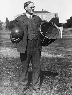 Inventor of basketball, Dr. James Naismith (professor, 1898-1937)[83]