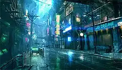 Concept art for Europolis, a city in Stark, a cyberpunk, 23rd century Earth