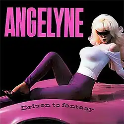 Angelyne leaning on a pink Corvette