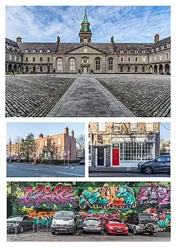 Clockwise from top: Royal Hospital Kilmainham, a shopfront in Portobello, graffiti near Meath Street, the South Circular Road