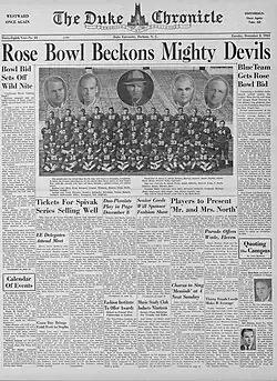 Front page of The Duke Chronicle newspaper issue for December 2, 1941. The top headline reads "Rose Bowl Beckons Mighty Devils", with sub-headlines reading "Bowl Bid Sets Off Wild Nite" and "Blue Team Gets Rose Bowl Bid". A group portrait of the all the Duke football players is featured at center, with portraits of five coaches superimposed above the players. Center is head coach Wallace Wade, wearing his distinctive fedora.