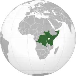 An orthographic projection of the world, highlighting the proposed East African Federation's territory (green).