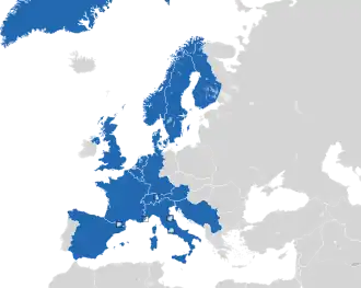 A coloured map of the countries of Europe