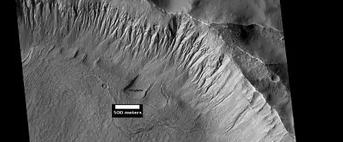 Gullies near Newton Crater, as seen by HiRISE, under the HiWish program. Place where there was an old glacier is labeled.