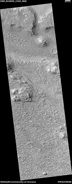 Wide view of layered terrain, as seen by HiRISE under HiWish program Location is northeast of Gale Crater in Aeolis quadrangle.