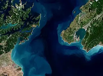 Satellite view of Cook Strait with the North and South Islands visible at either side of the image