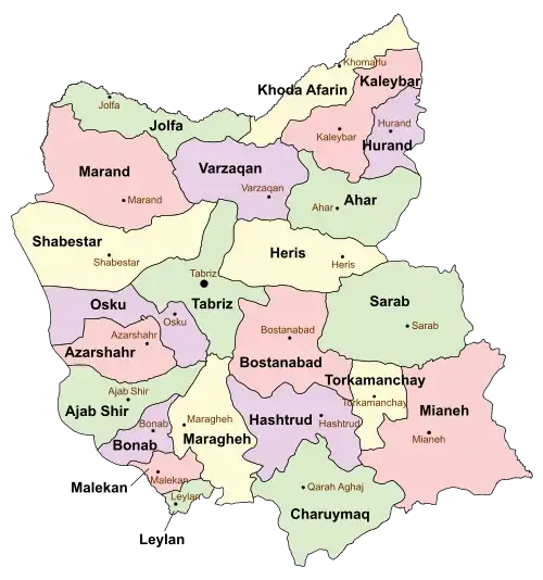 Location of Jolfa County in&nbsp;East&nbsp;Azerbaijan&nbsp;province (top&nbsp;left,&nbsp;green)