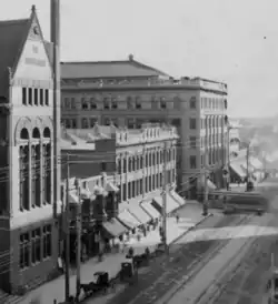 Broadway, east side, looking south past 3rd, c.1903-4. From left to right: 1888 City Hall, Rindge Block, Bradbury Building