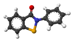 Ball-and-stick model of the ebselen molecule