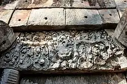 Lintel of the central tower: Krishna, lifting Govardhana hill and fighting the Kaliya snake, whilst standing on a kala