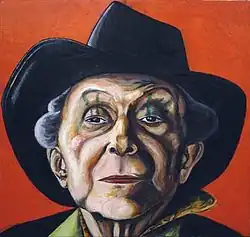 This colorful portrait focuses on Crisp's face (under her trademark fedora), but the viewer can still glimpse a stylish shirt collar. Crisp squints down her nose at the viewer through almond-shaped eyes. Green stripes extend from eyelid to eyebrow.