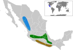 map of Mexico showing three colored areas in center and west of the country