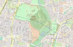 OSM map of the Erholungspark Marzahn showing the IGA Cable Car route. Nearest U-Bahn stations (right) and tramway stops (left) are shown in the map.