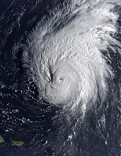 A photograph of a powerful hurricane over the central Atlantic Ocean, well to the northeast of Puerto Rico