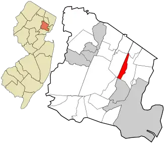Location of Glen Ridge in Essex County highlighted in red (right). Inset map: Location of Essex County in New Jersey highlighted in orange (left).
