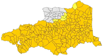A map of the French department of Oriental Pyrenees with most of the areas highlighted but for the middle north.