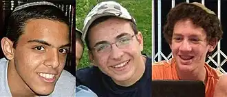Eyal Yifrach, Gilad Shaar, Naftali Frenkel, z"l in whose memory The Oz veGaon Nature Preserve was created in response to their murder. The boys were abducted close to the site of the park.