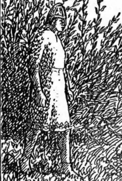 Black and white illustration of an armed warrior