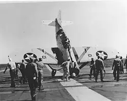 LT John S. Thach tipped this F2A-1 onto its nose on Saratoga&nbsp;(CV-3) in March 1940.
