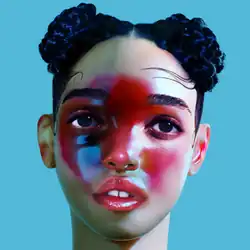 A heavily edited photograph of Twigs with red on her face and buns on her head