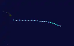 A track map of the westward path of a tropical storm over the Eastern and Central Pacific Ocean
