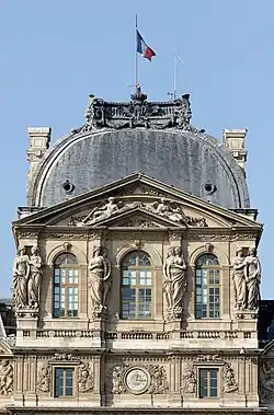 Baroque caryatids on the upper part of the Pavillon de l'Horloge on the Cour Carrée of the Louvre Palace, by Gilles Guérin and Philippe De Buyster after Jacques Sarazin, mid-17th century[21]