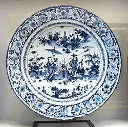 Blue and white faience with Chinese scene, Nevers faience, France, 1680–1700