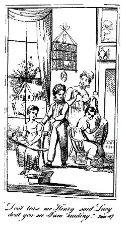 A drawing of a woman watching three children play in a room with a large, draped window.