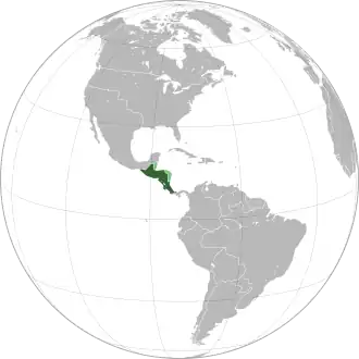 An orthographic map projection of the world (specifically the Americas) with the Federal Republic of Central America highlighted in green and its uncontrolled claimed territory of Belize highlighted in light green