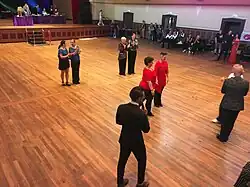 multiple senior female couples in latin dance category in Ballroom dancing competition