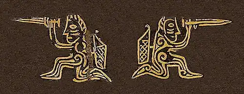 Warriors with daggers and bows. Dagger blade decoration from Kurgan 4, Burial 2, Filippovka kurgans, Late Sauromatian-Early Sarmatian, 5th-4th century BCE.[189]