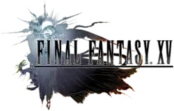 A one-winged woman in flowing robes rests with her head on her arms. Behind her is a crystal sphere surrounded by a sun-like adornment, with a serpentine creature woven into it. She rests near the logo of Final Fantasy XV. The piece is done in a pastel watercolor style that fades from silver to blue to black.