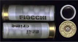 Fiocchi 12-gauge rubber buckshot: containing 15, 8.3&nbsp;mm, .58 gram rubber pellets, with a muzzle velocity of 790 fps.