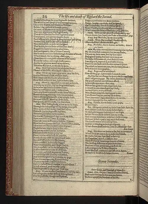 Page from the First Folio, showing Richard II. John of Gaunt exits (red circle) for no clear reason just before the end of Act 1 Scene 1, and re-enters the stage at the start of Scene 2 to speak with the Duchess of Gloucester.