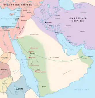 The state of Medina (green) at the time of Muhammad's death, c. 632. It also shows the routes of early Muslim expeditions and conquests under Muhammad.