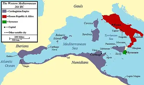 a colour of the western Mediterranean region showing the areas under Roman and Carthaginian control in 264 BC