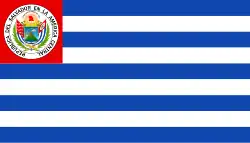 A flag with nine alternating blue and white striped with a red canton containing the national coat of arms