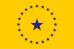 A large indigo star surrounded by a circle of 20 smaller indigo stars on a yellow background.