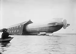 LZ 5 leaving the floating balloon hall before its first flight over Lake Constance, Germany in May 1909.