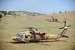 UH-60 Black Hawk of 123 Squadron "Desert Birds" (yellow logo on tail) in May 2012