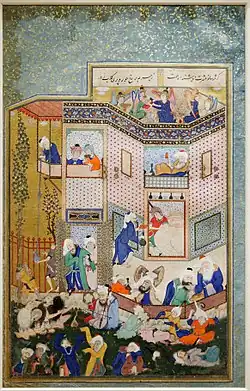 Allegory of drunkenness. Hafez appears in the window over the jars, painted and signed by Sultan Mohammed circa 1531.[17][18]