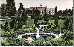Stone pool with a statue surrounded by dense plants